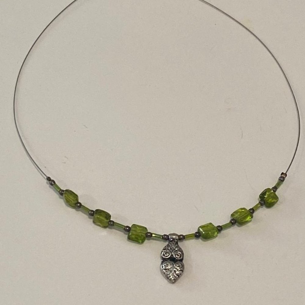 Green bead and silver heart charm necklace